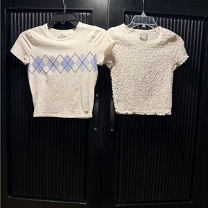 Hollister White Tee with Light Blue Argyle Stripe and white smocked tee shirt